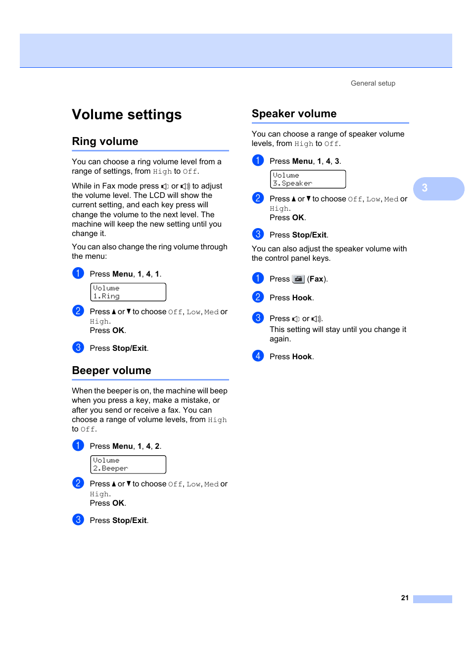 Volume settings, Ring volume, Beeper volume | Speaker volume, Ring volume beeper volume speaker volume | Brother MFC 7840W User Manual | Page 35 / 192