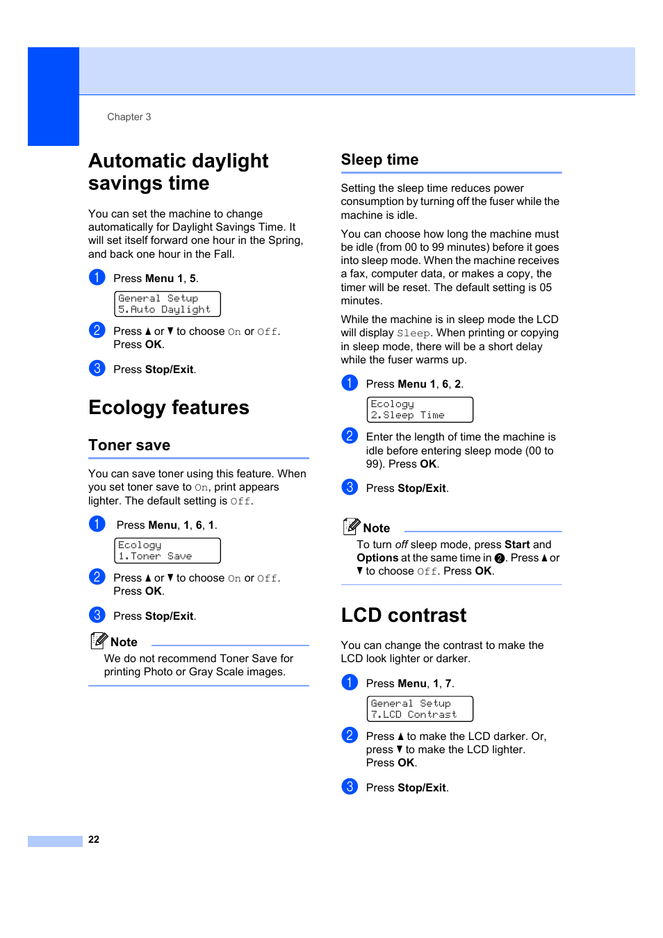 Automatic daylight savings time, Ecology features, Toner save | Sleep time, Lcd contrast, Automatic daylight savings time ecology features, Toner save sleep time | Brother MFC 7840W User Manual | Page 36 / 192