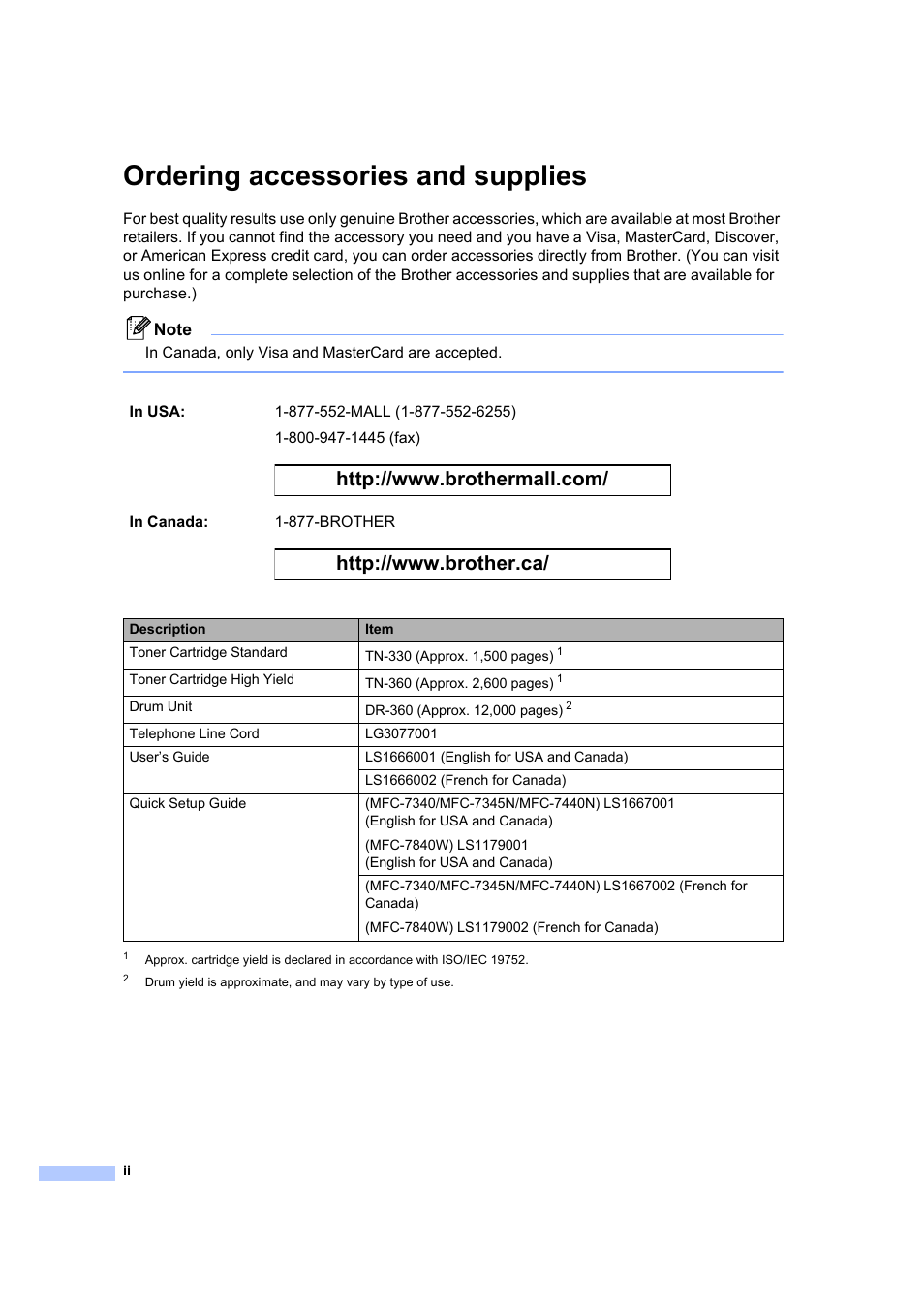 Ordering accessories and supplies | Brother MFC 7840W User Manual | Page 4 / 192