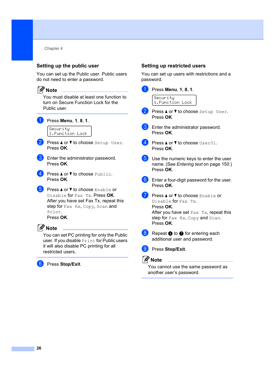 Setting up the public user, Setting up restricted users | Brother MFC 7840W User Manual | Page 40 / 192