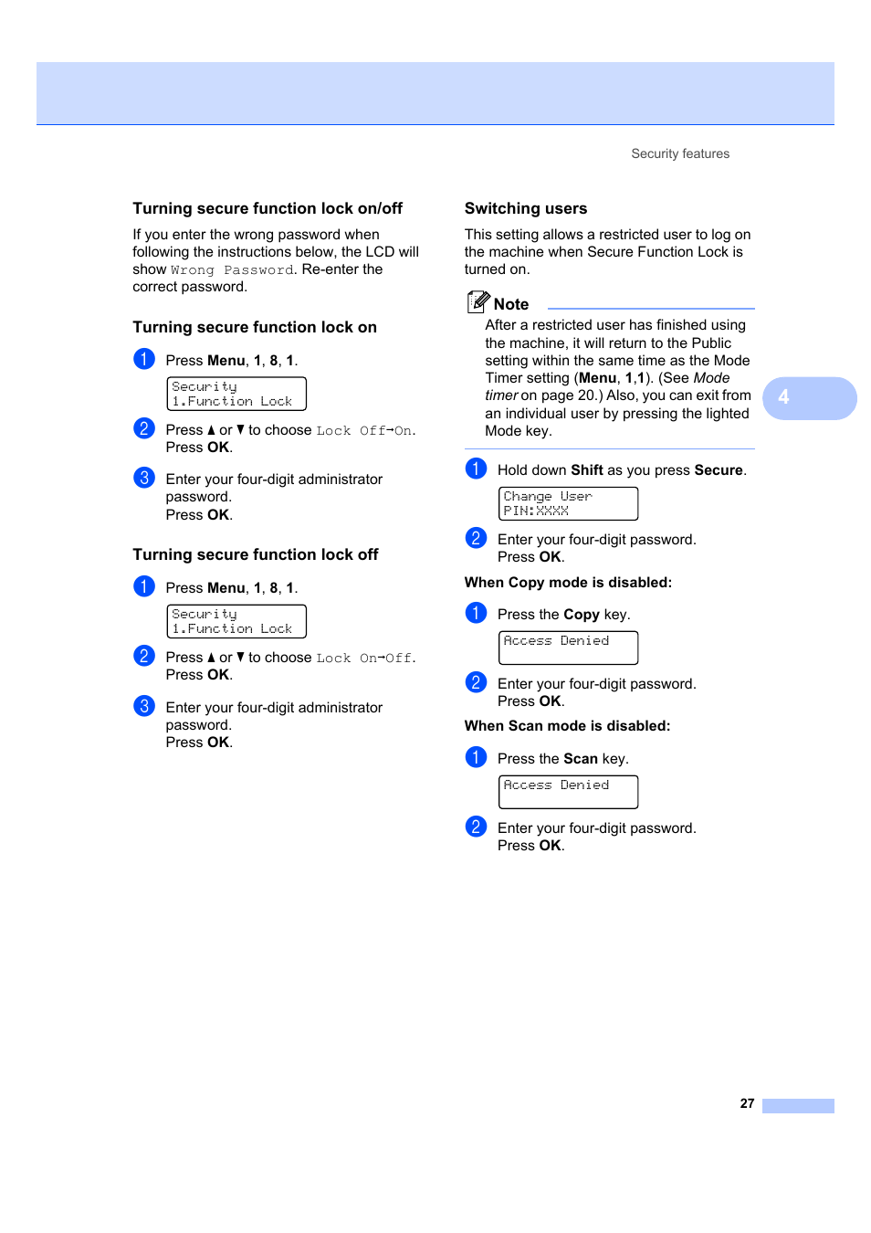Turning secure function lock on/off, Turning secure function lock on, Turning secure function lock off | Switching users | Brother MFC 7840W User Manual | Page 41 / 192