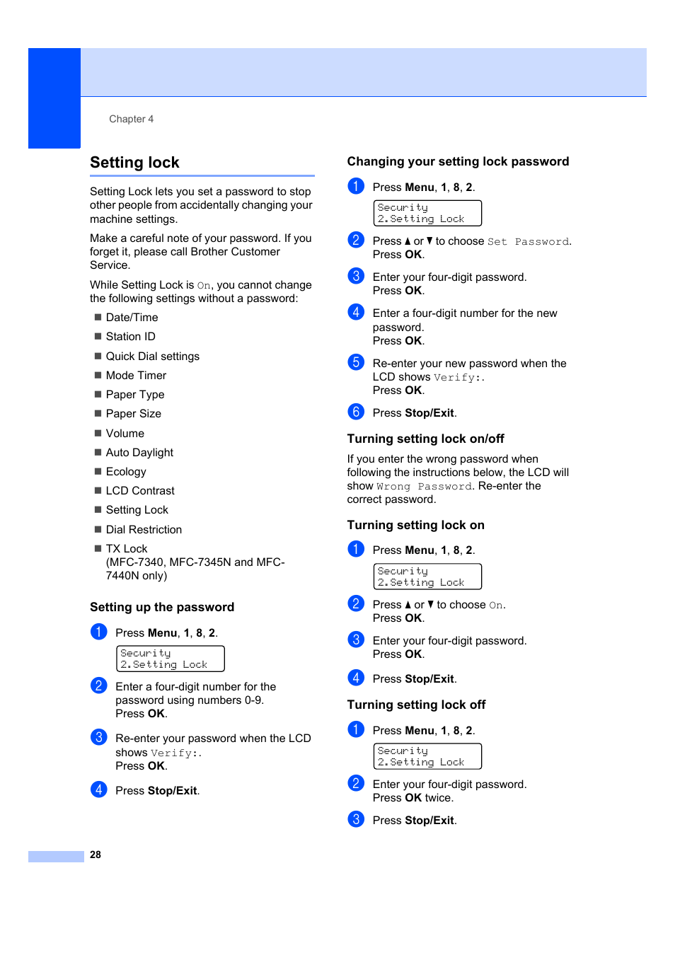 Setting lock, Setting up the password, Changing your setting lock password | Turning setting lock on/off, Turning setting lock on, Turning setting lock off | Brother MFC 7840W User Manual | Page 42 / 192