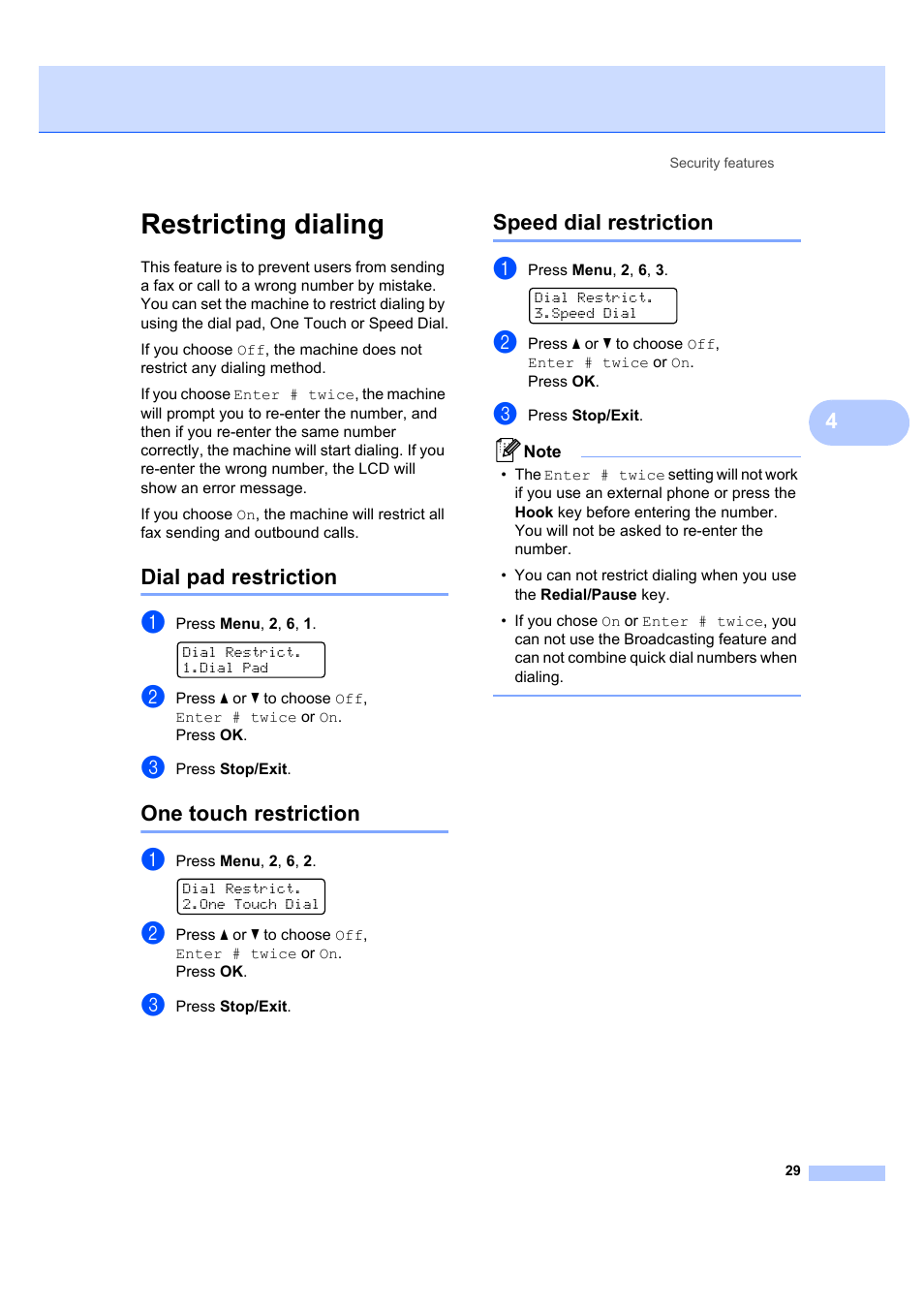 Restricting dialing, Dial pad restriction, One touch restriction | Speed dial restriction | Brother MFC 7840W User Manual | Page 43 / 192