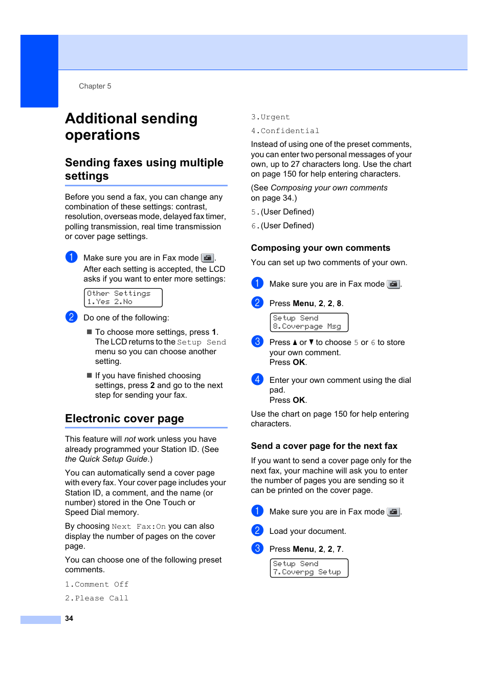 Additional sending operations, Sending faxes using multiple settings, Composing your own comments | Electronic cover page | Brother MFC 7840W User Manual | Page 48 / 192