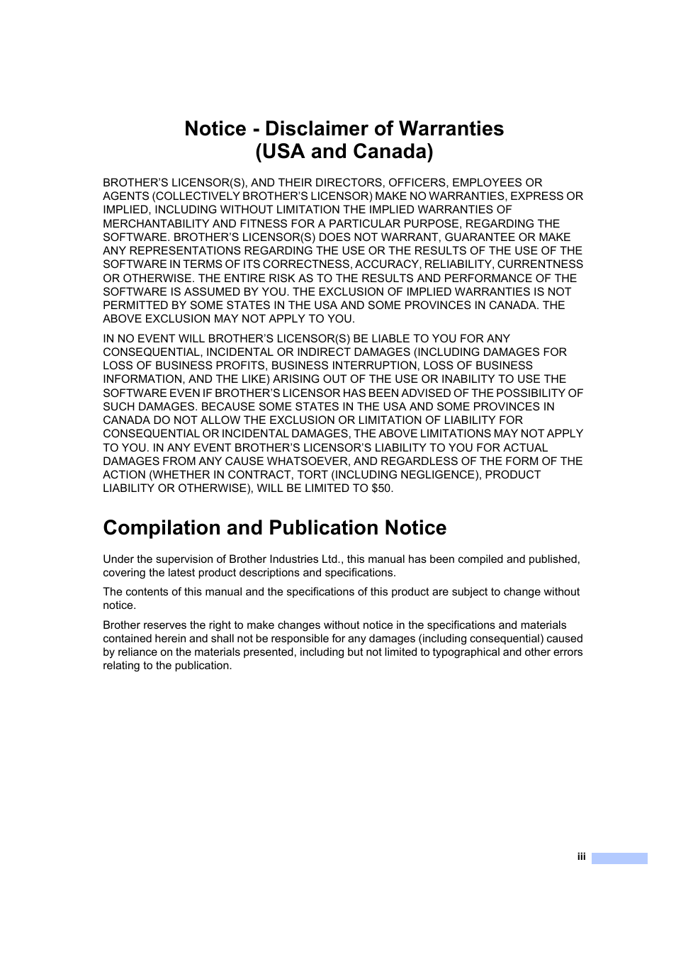 Notice - disclaimer of warranties (usa and canada), Compilation and publication notice | Brother MFC 7840W User Manual | Page 5 / 192