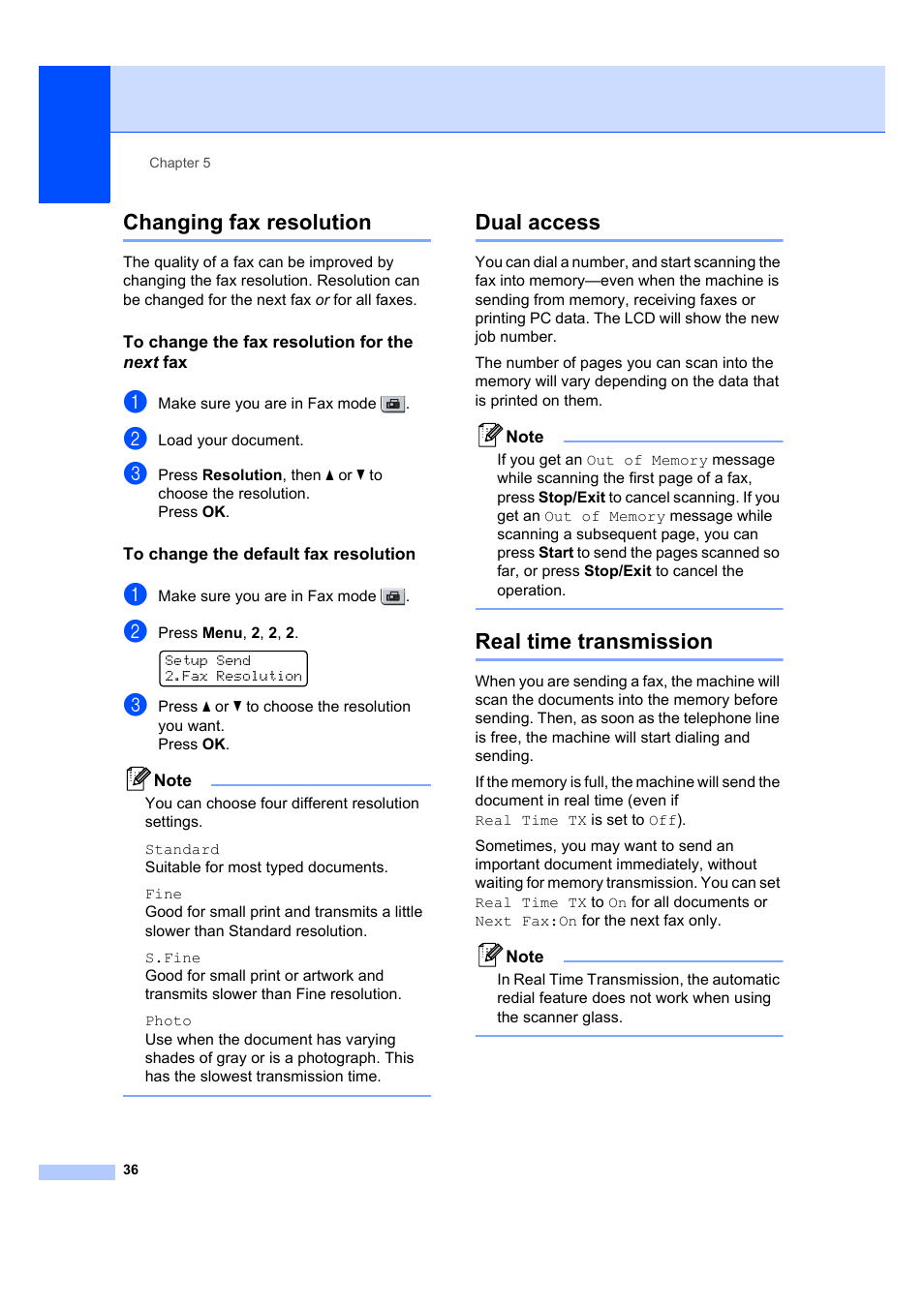 Changing fax resolution, To change the fax resolution for the next fax, To change the default fax resolution | Dual access, Real time transmission, Real time | Brother MFC 7840W User Manual | Page 50 / 192
