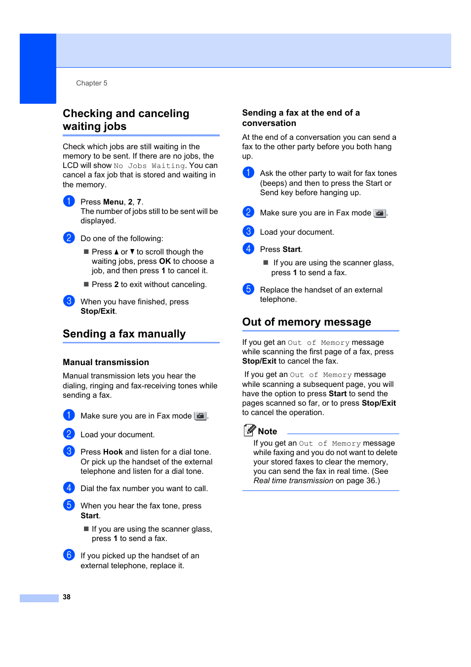 Checking and canceling waiting jobs, Sending a fax manually, Manual transmission | Sending a fax at the end of a conversation, Out of memory message | Brother MFC 7840W User Manual | Page 52 / 192