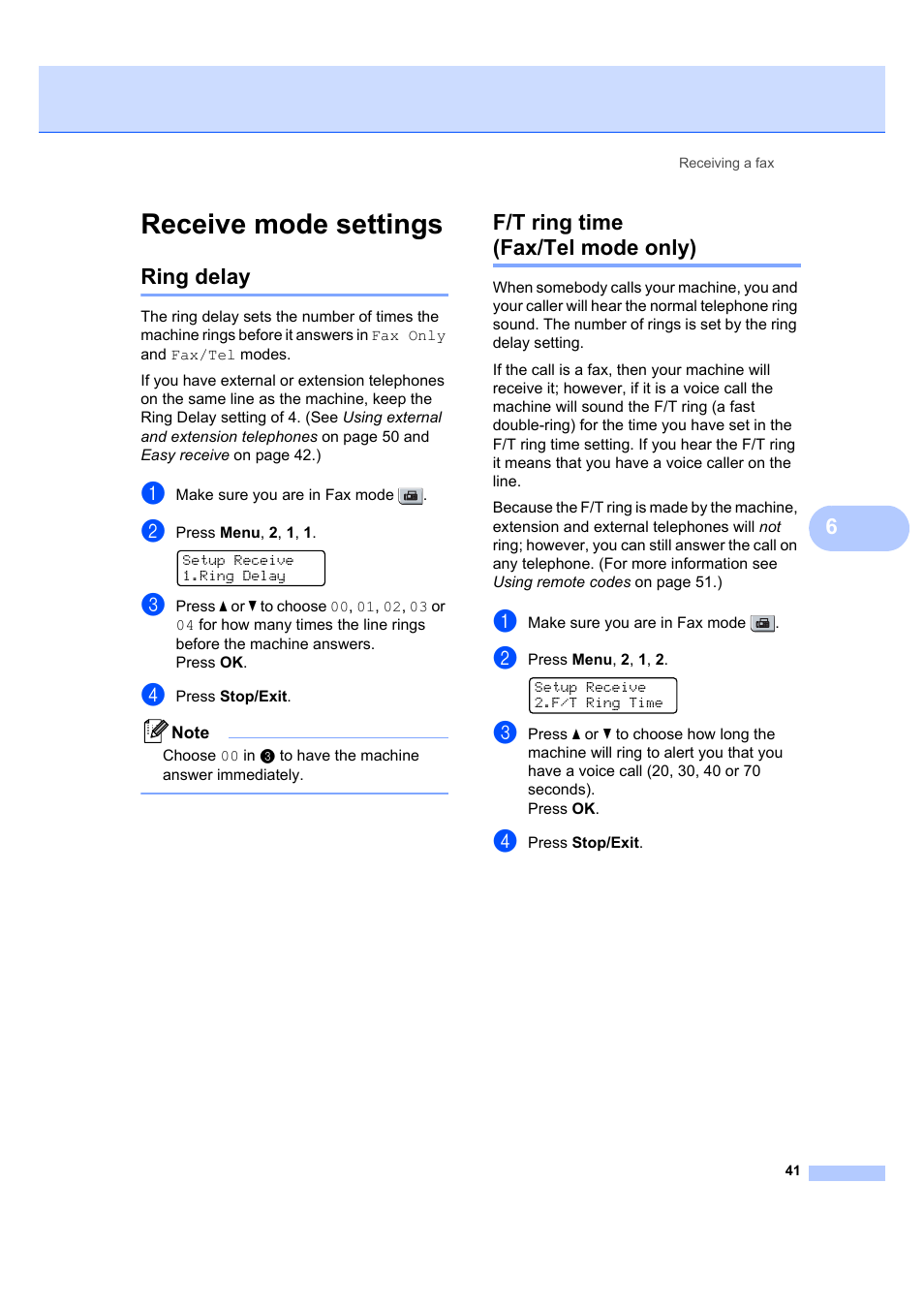 Receive mode settings, Ring delay, F/t ring time (fax/tel mode only) | Ring delay f/t ring time (fax/tel mode only) | Brother MFC 7840W User Manual | Page 55 / 192