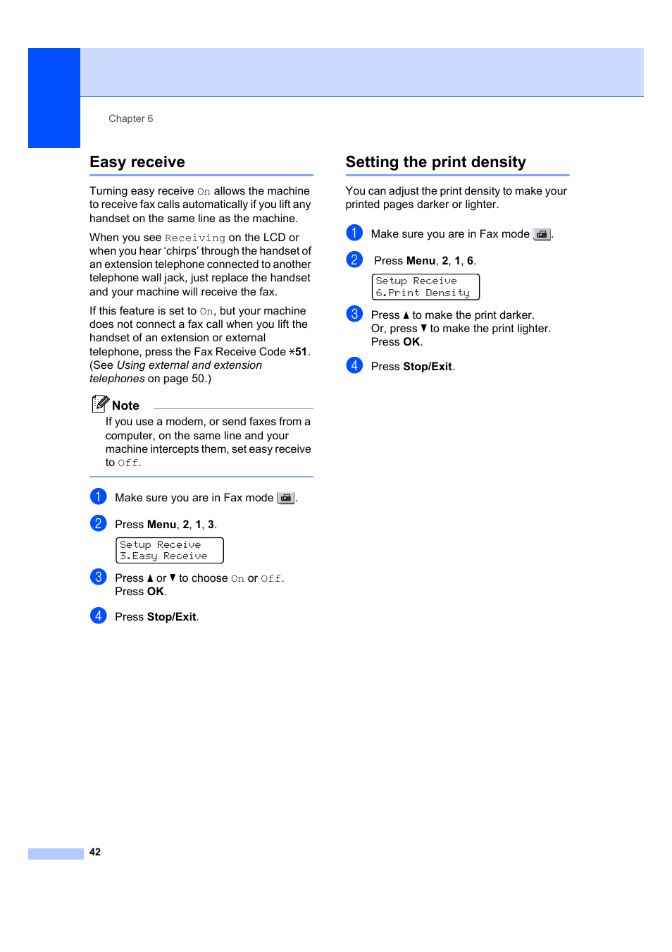 Easy receive, Setting the print density, Easy receive setting the print density | Brother MFC 7840W User Manual | Page 56 / 192