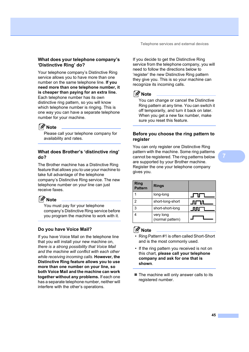 What does brother’s ‘distinctive ring’ do, Do you have voice mail, Before you choose the ring pattern to register | Brother MFC 7840W User Manual | Page 59 / 192