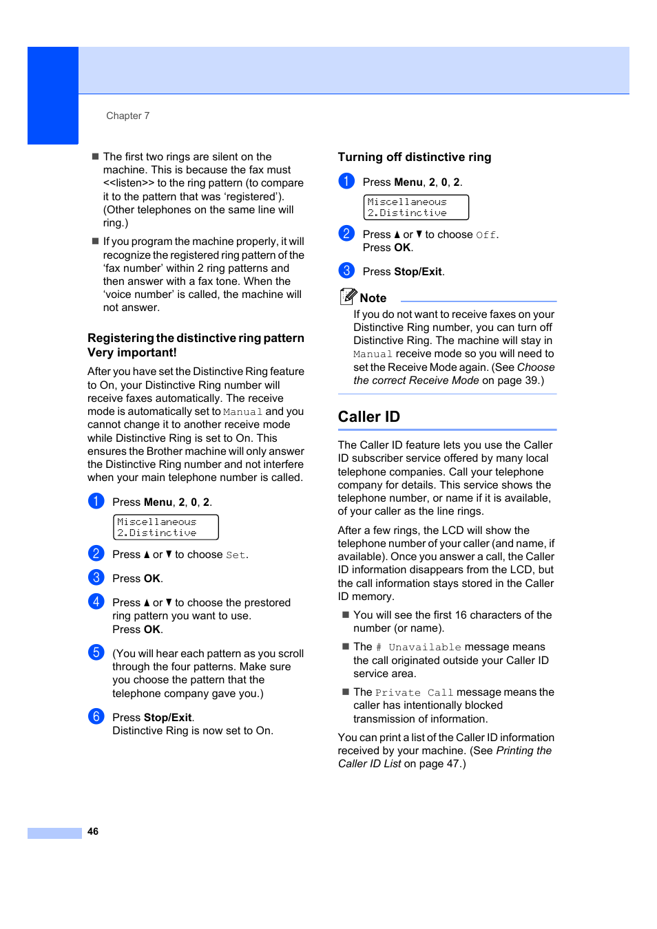 Turning off distinctive ring, Caller id | Brother MFC 7840W User Manual | Page 60 / 192