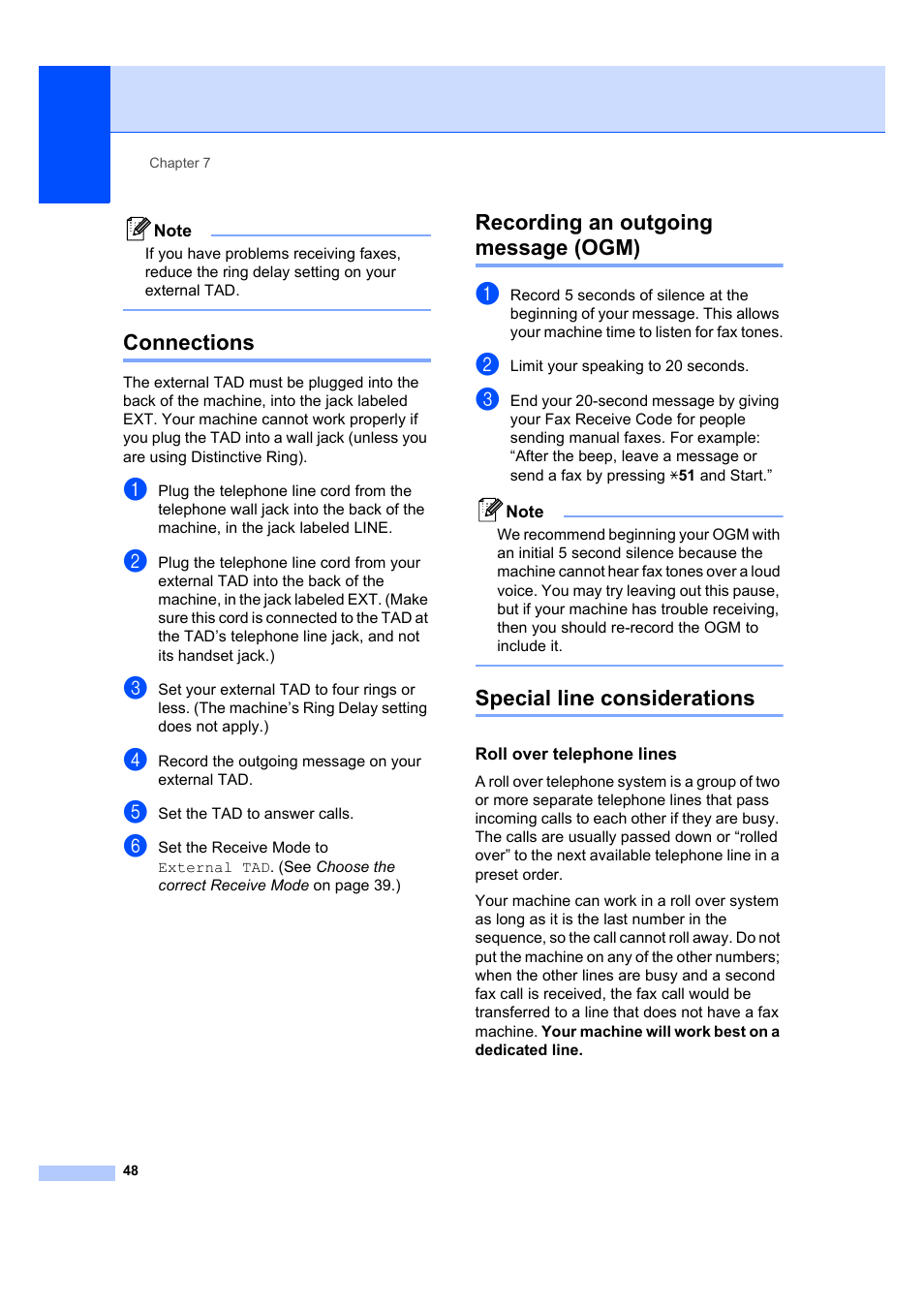Connections, Recording an outgoing message (ogm), Special line considerations | Roll over telephone lines | Brother MFC 7840W User Manual | Page 62 / 192