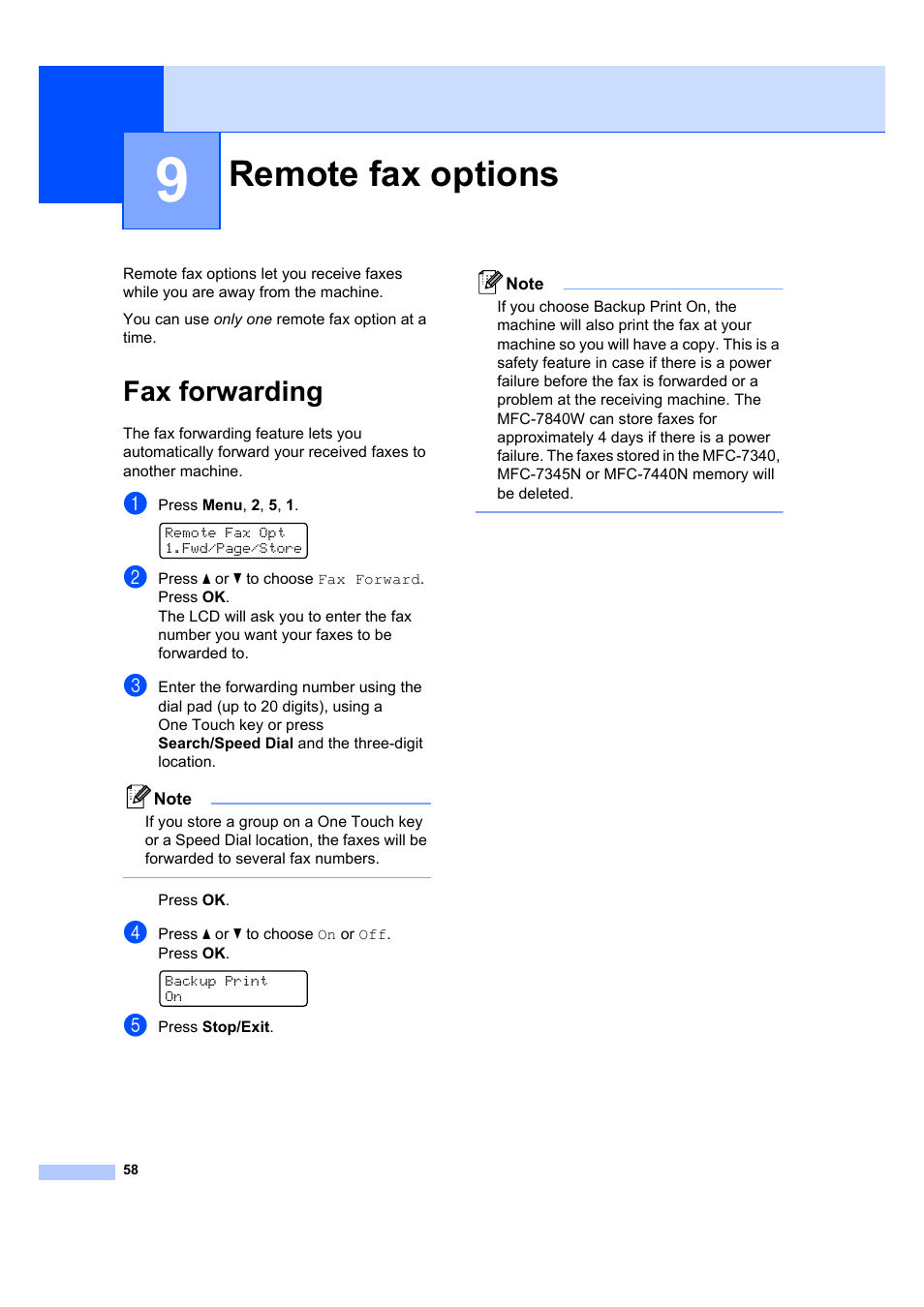 9 remote fax options, Fax forwarding, Remote fax options | Brother MFC 7840W User Manual | Page 72 / 192