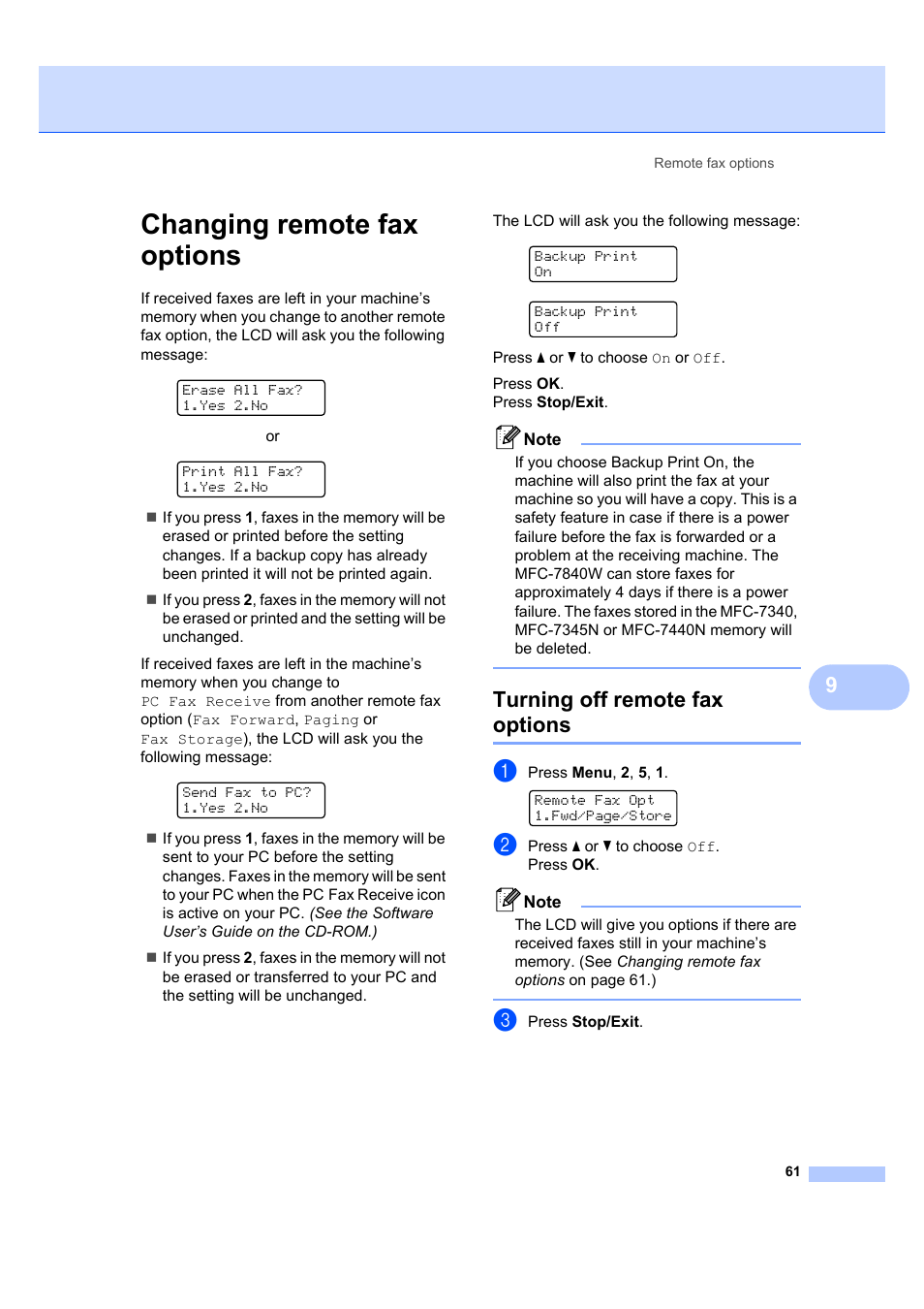 Changing remote fax options, Turning off remote fax options | Brother MFC 7840W User Manual | Page 75 / 192