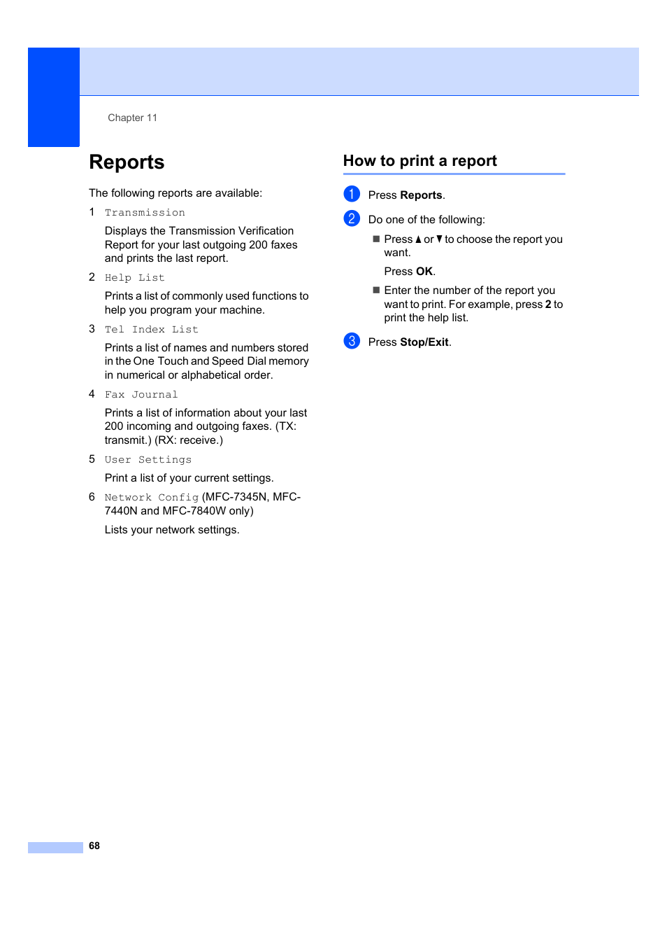Reports, How to print a report | Brother MFC 7840W User Manual | Page 82 / 192
