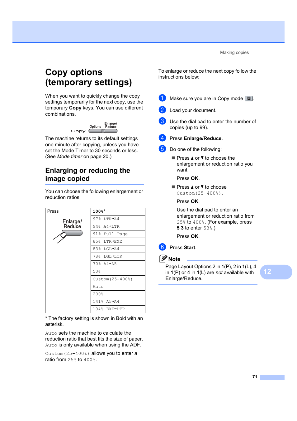 Copy options (temporary settings), Enlarging or reducing the image copied | Brother MFC 7840W User Manual | Page 85 / 192