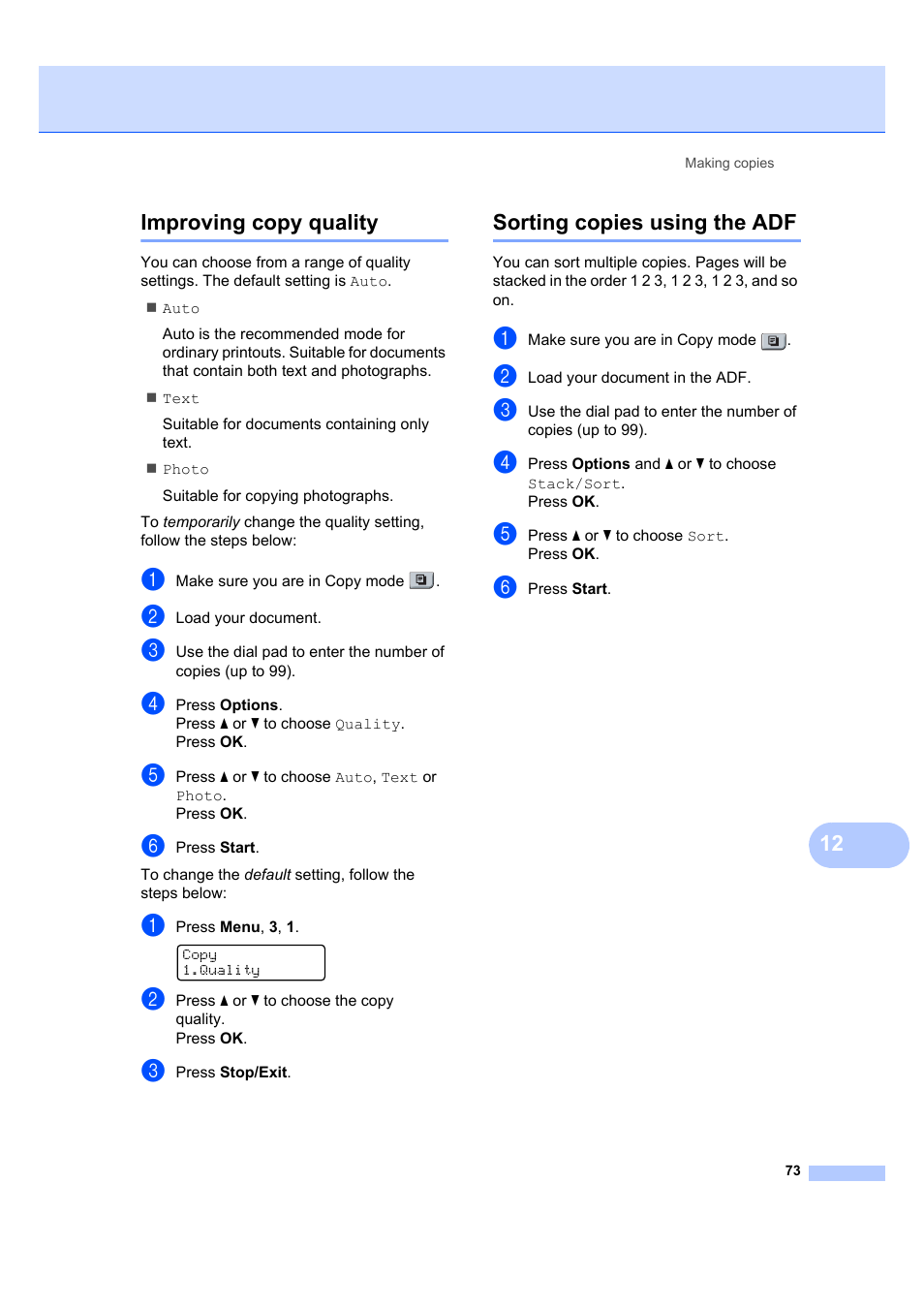 Improving copy quality, Sorting copies using the adf, 12 improving copy quality | Brother MFC 7840W User Manual | Page 87 / 192