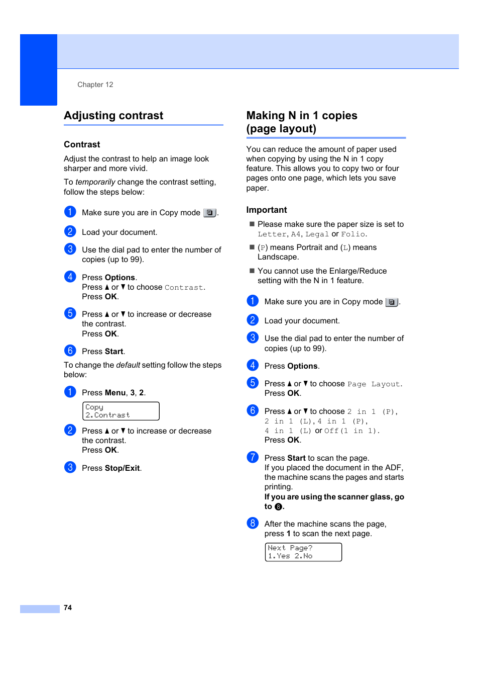 Adjusting contrast, Contrast, Important | Making n in 1 copies (page layout) | Brother MFC 7840W User Manual | Page 88 / 192