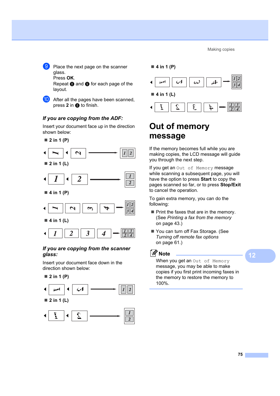 If you are copying from the adf, If you are copying from the scanner glass, Out of memory message | Brother MFC 7840W User Manual | Page 89 / 192