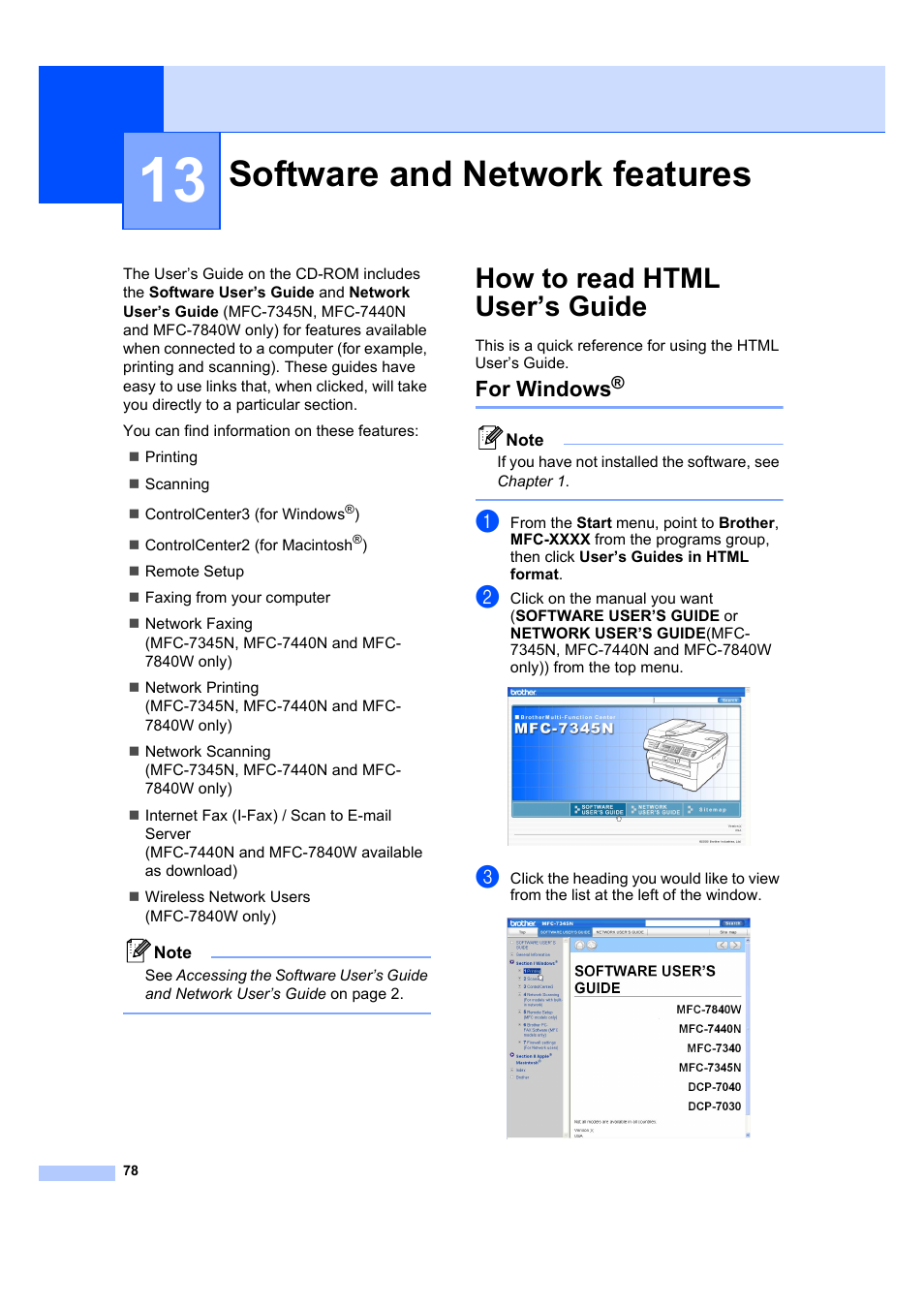 13 software and network features, How to read html user’s guide, For windows | Software and network features | Brother MFC 7840W User Manual | Page 92 / 192