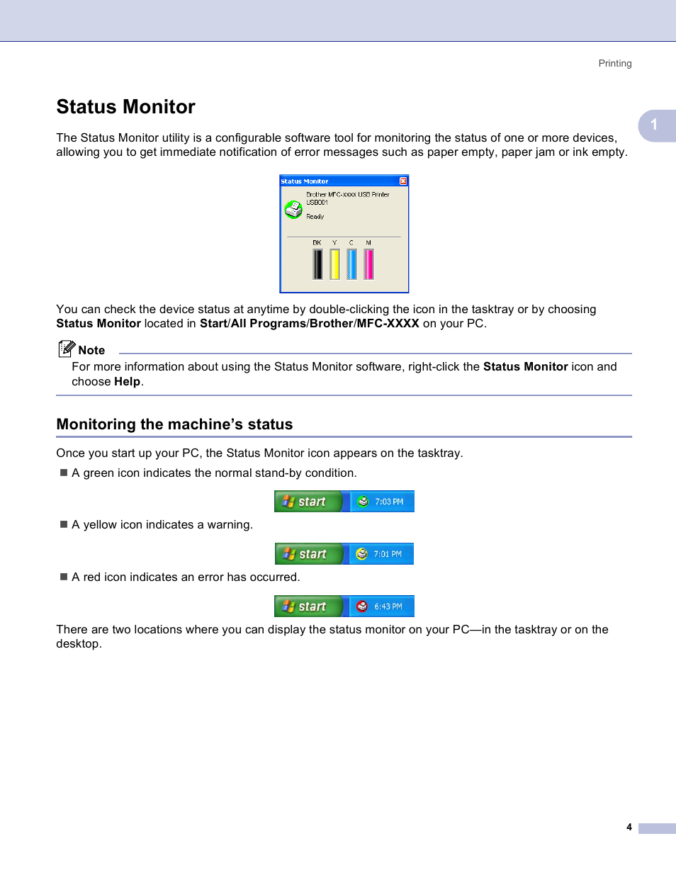Status monitor, Monitoring the machine’s status | Brother MFC-3360C User Manual | Page 10 / 155