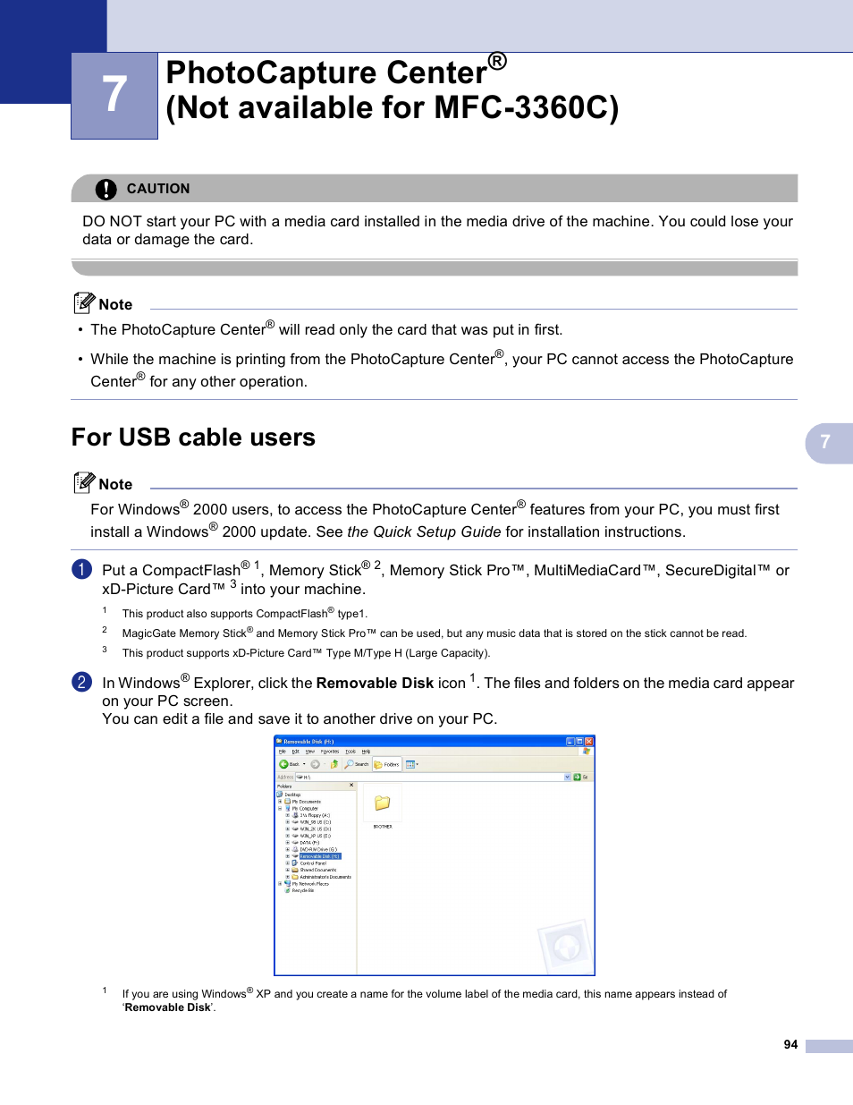 For usb cable users, Photocapture center, Not available for mfc-3360c) | Brother MFC-3360C User Manual | Page 100 / 155