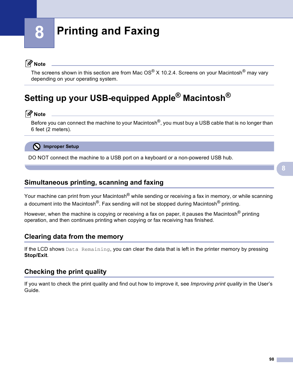 8 printing and faxing, Setting up your usb-equipped apple® macintosh, Simultaneous printing, scanning and faxing | Clearing data from the memory, Checking the print quality, Printing and faxing, Setting up your usb-equipped apple, Macintosh | Brother MFC-3360C User Manual | Page 104 / 155