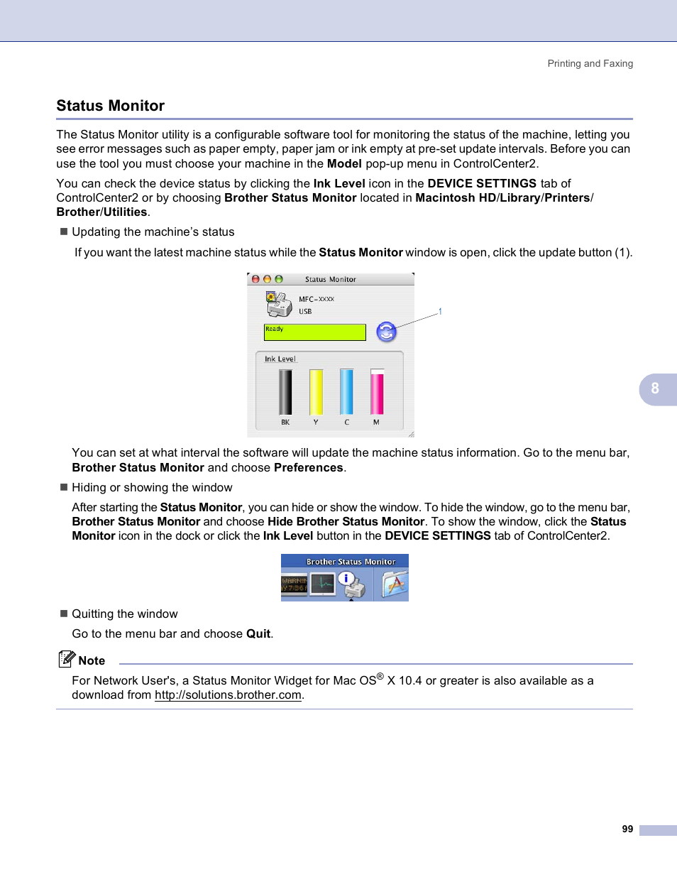 Status monitor, 8status monitor | Brother MFC-3360C User Manual | Page 105 / 155