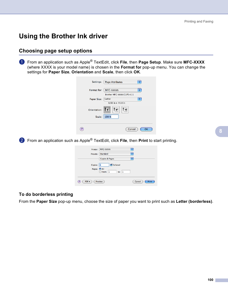 Using the brother ink driver, To do borderless printing, Choosing page setup options | Brother MFC-3360C User Manual | Page 106 / 155