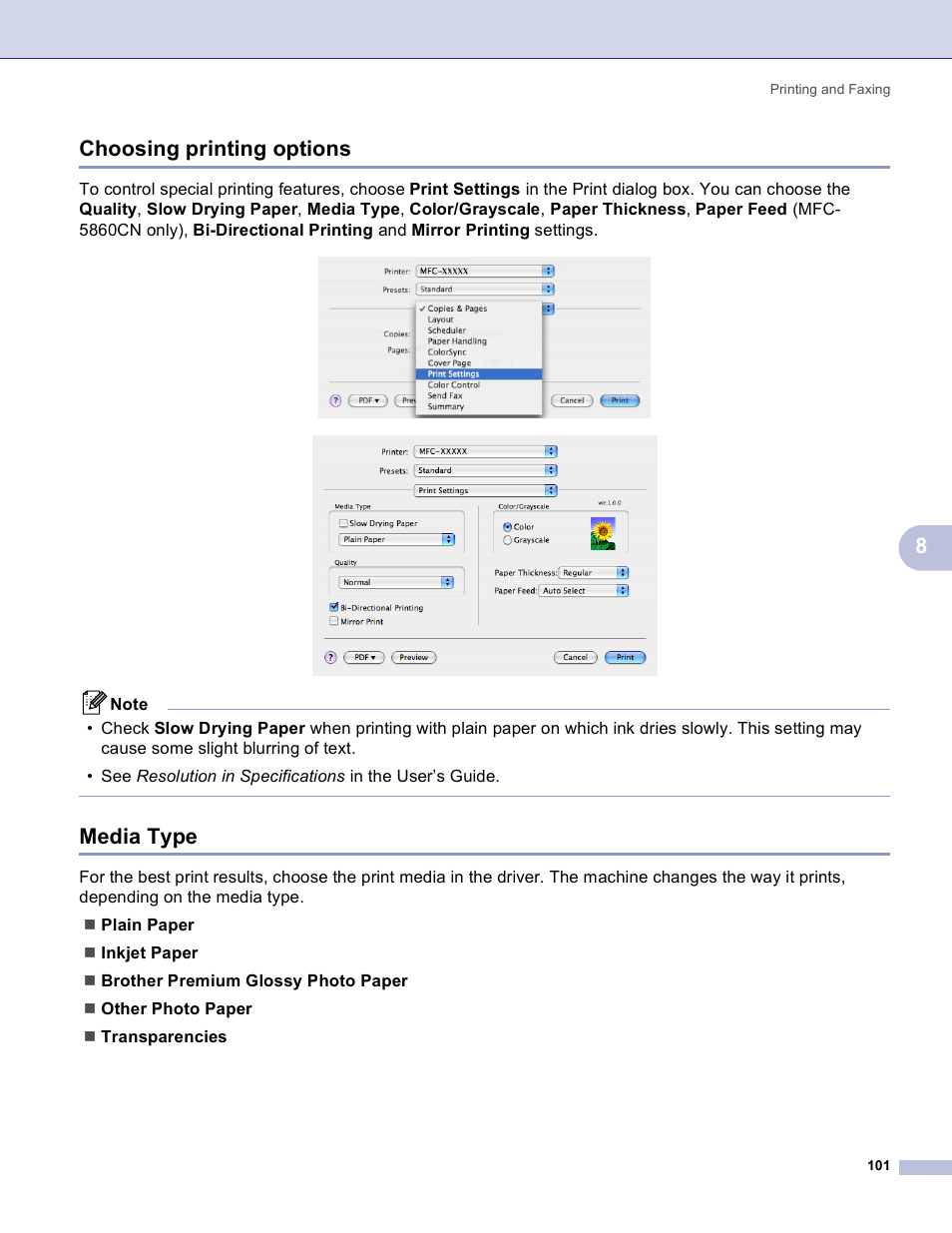 Choosing printing options, Media type, Choosing printing options media type | 8choosing printing options | Brother MFC-3360C User Manual | Page 107 / 155