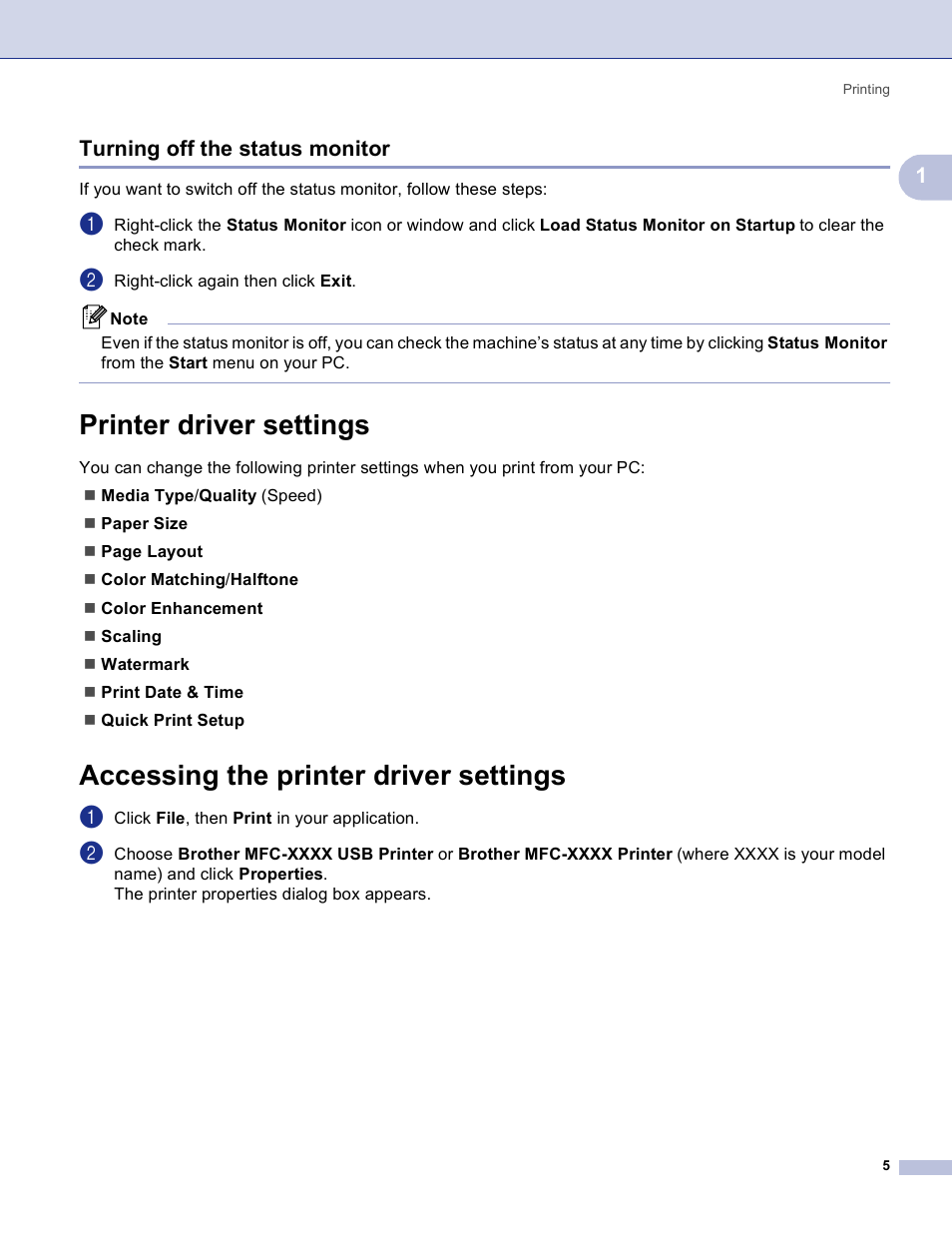 Turning off the status monitor, Printer driver settings, Accessing the printer driver settings | 1turning off the status monitor | Brother MFC-3360C User Manual | Page 11 / 155