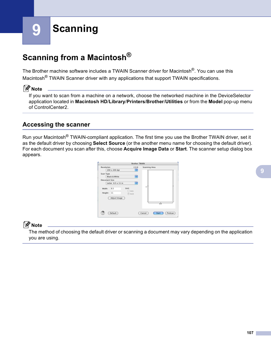 9 scanning, Scanning from a macintosh, Accessing the scanner | Scanning | Brother MFC-3360C User Manual | Page 113 / 155