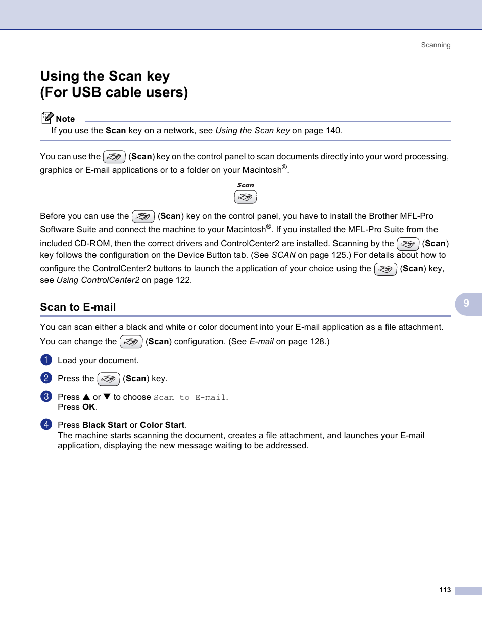 Using the scan key (for usb cable users), Scan to e-mail | Brother MFC-3360C User Manual | Page 119 / 155