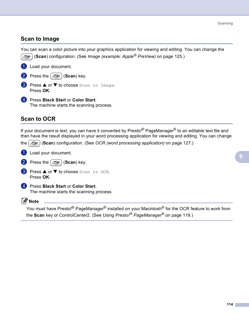 Scan to image, Scan to ocr, Scan to image scan to ocr | 9scan to image | Brother MFC-3360C User Manual | Page 120 / 155