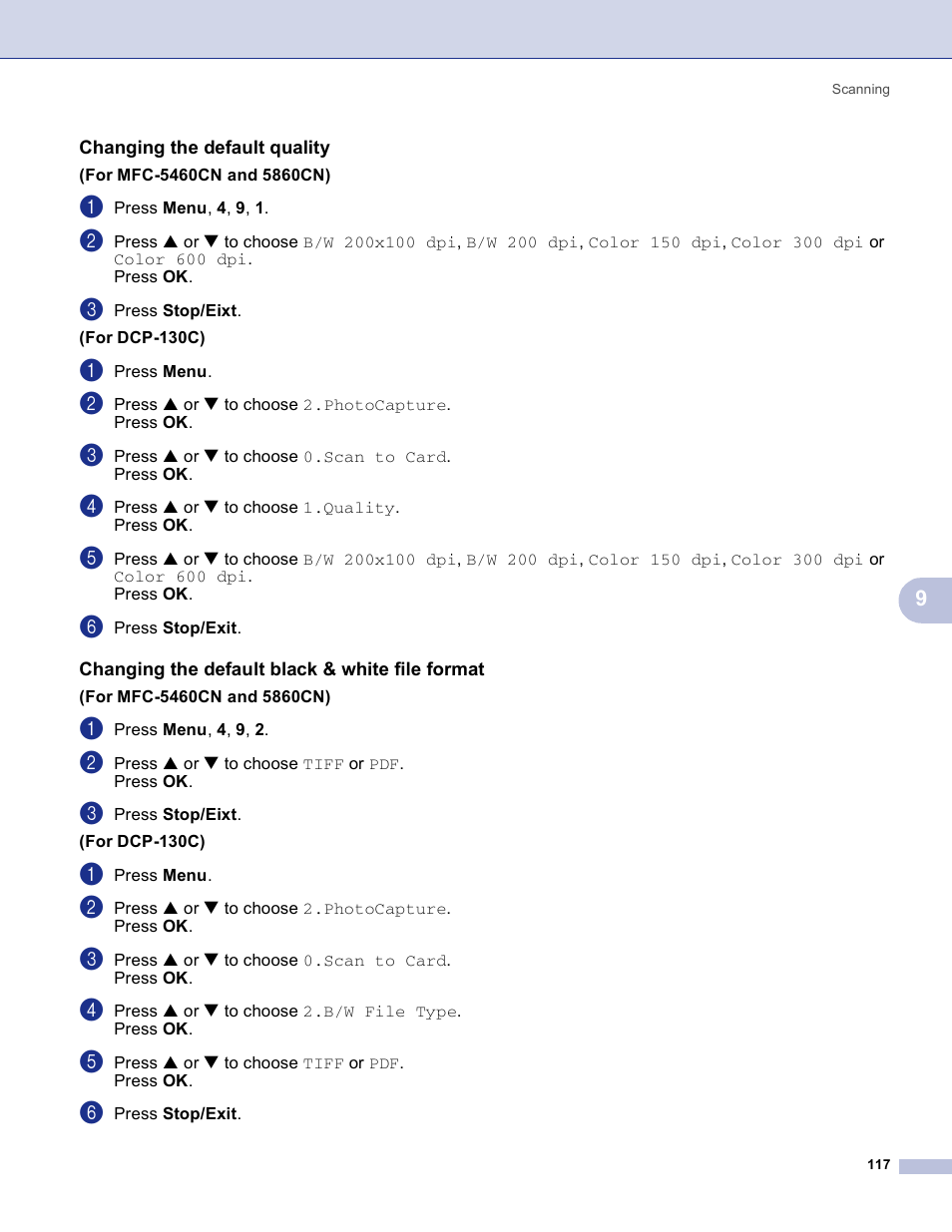 Changing the default quality, Changing the default black & white file format | Brother MFC-3360C User Manual | Page 123 / 155