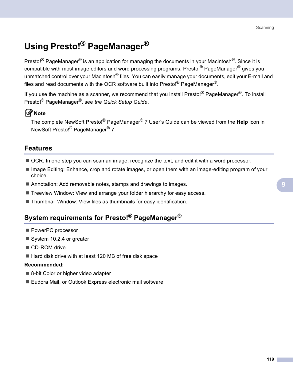 Features, Using presto, Features system requirements for presto | Pagemanager, System requirements for presto | Brother MFC-3360C User Manual | Page 125 / 155