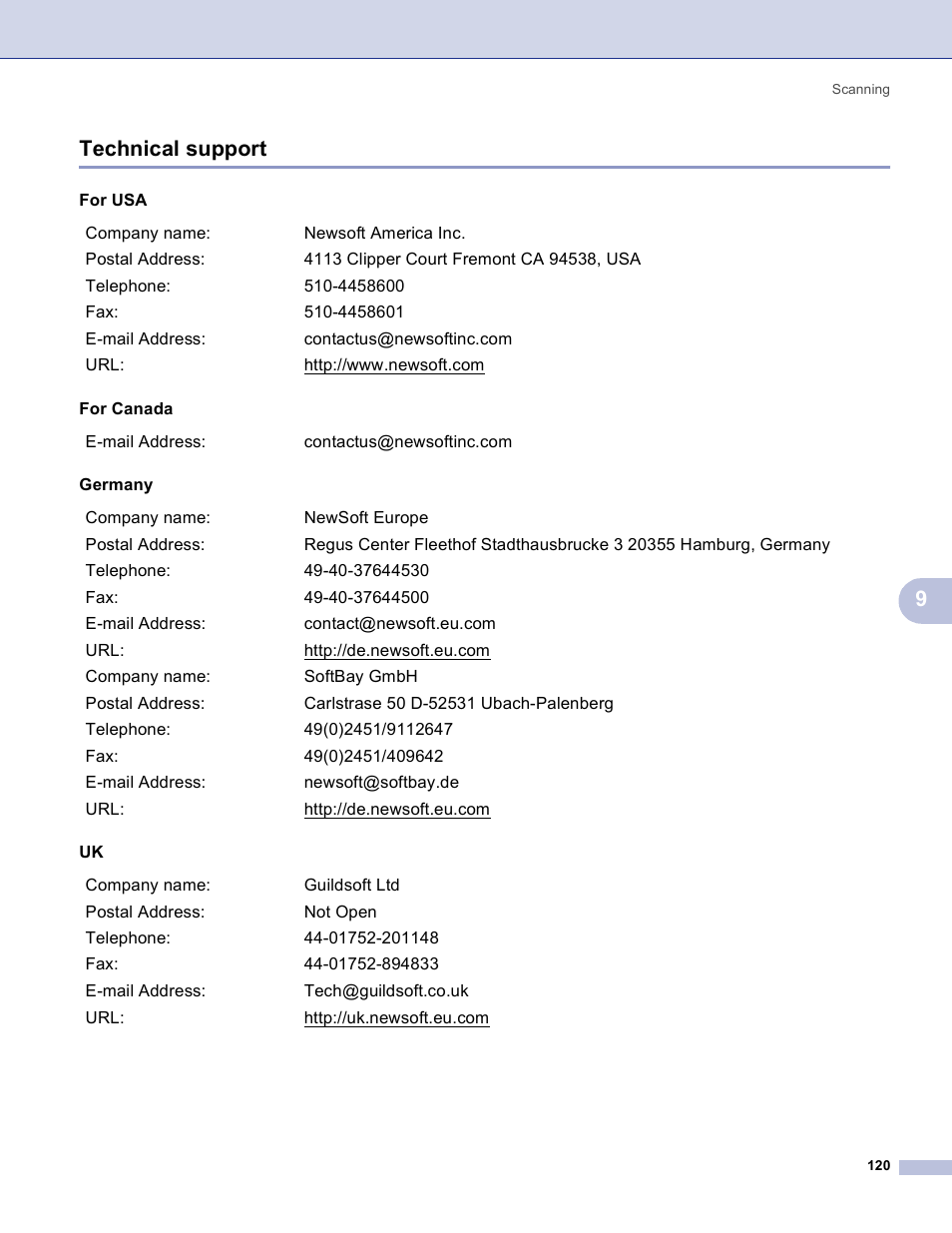 Technical support, 9technical support | Brother MFC-3360C User Manual | Page 126 / 155