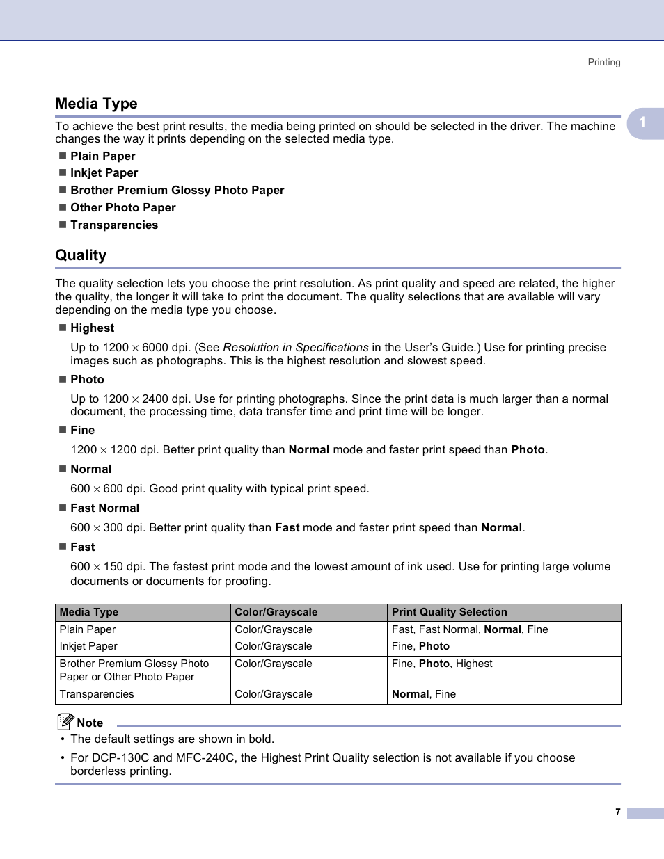 Media type, Quality, Media type quality | 1media type | Brother MFC-3360C User Manual | Page 13 / 155