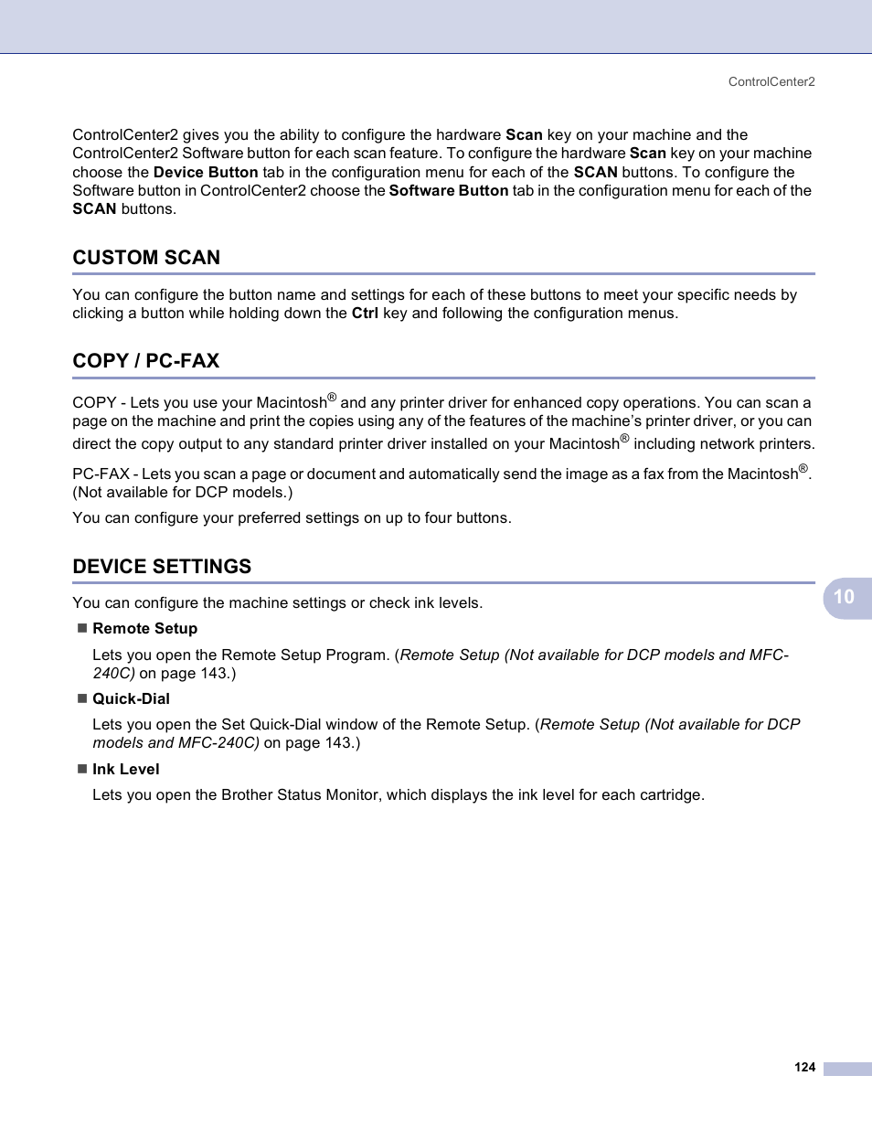Custom scan, Copy / pc-fax, Device settings | Custom scan copy / pc-fax device settings | Brother MFC-3360C User Manual | Page 130 / 155