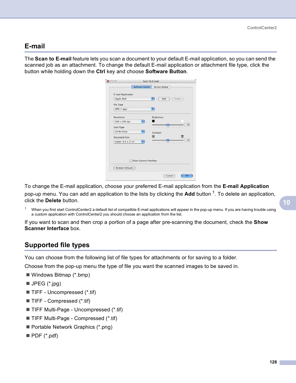 E-mail, Supported file types, E-mail supported file types | 10 e-mail | Brother MFC-3360C User Manual | Page 134 / 155