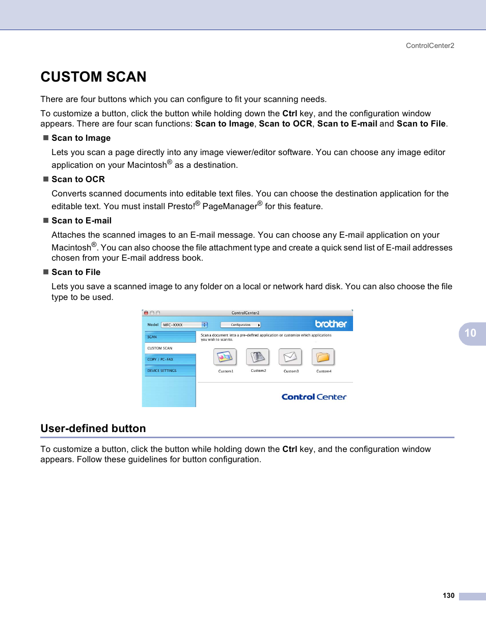 Custom scan, User-defined button | Brother MFC-3360C User Manual | Page 136 / 155