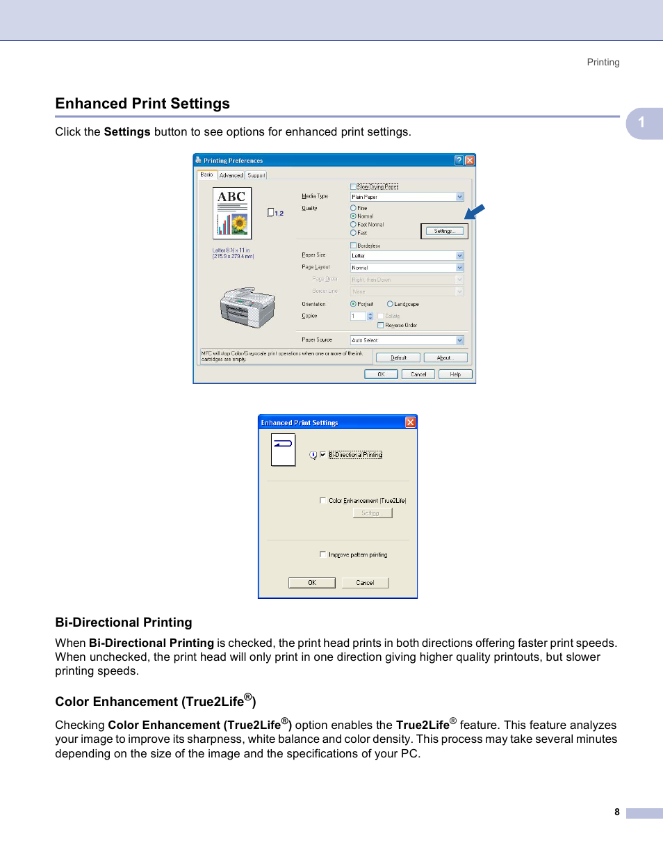 Enhanced print settings, Bi-directional printing, Color enhancement (true2life®) | 1enhanced print settings, Color enhancement (true2life | Brother MFC-3360C User Manual | Page 14 / 155