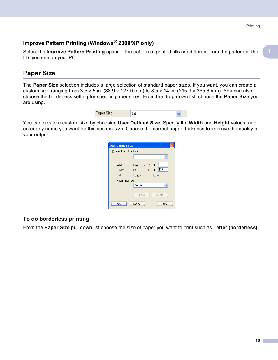 Improve pattern printing (windows® 2000/xp only), Paper size, To do borderless printing | Improve pattern printing (windows, 2000/xp only) | Brother MFC-3360C User Manual | Page 16 / 155