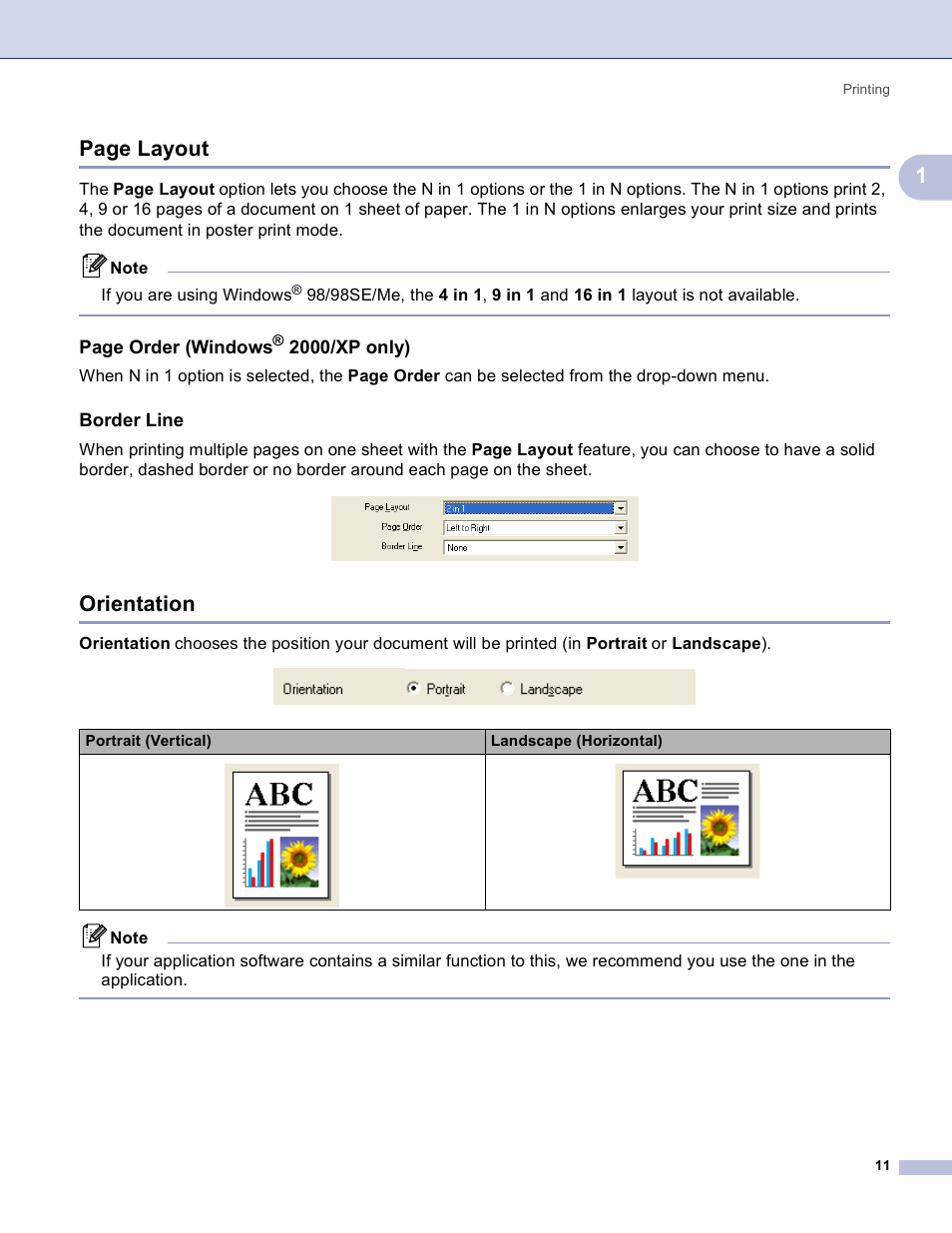 Border line, Orientation, 1page layout | Page order (windows, 2000/xp only) | Brother MFC-3360C User Manual | Page 17 / 155