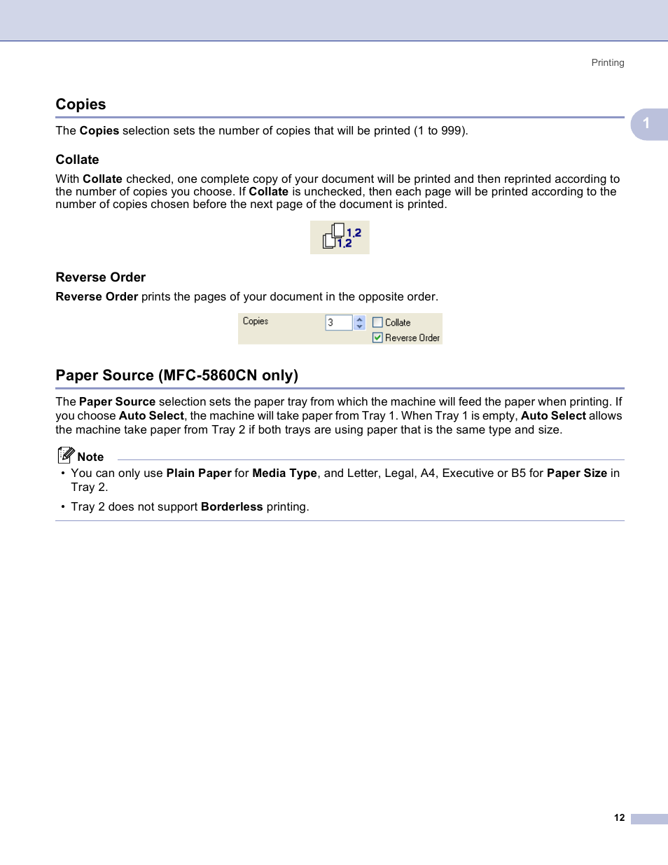 Copies, Collate, Reverse order | Paper source (mfc-5860cn only), Copies paper source (mfc-5860cn only), 1copies | Brother MFC-3360C User Manual | Page 18 / 155