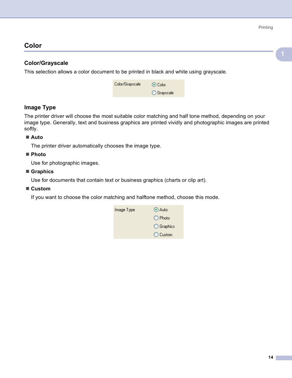 Color, Color/grayscale, Image type | 1color | Brother MFC-3360C User Manual | Page 20 / 155