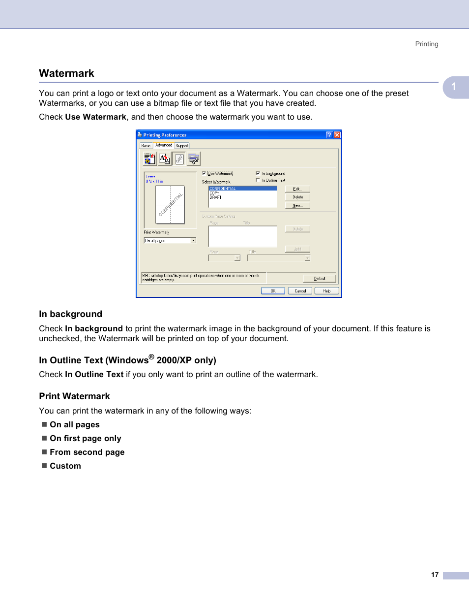 Watermark, In background, In outline text (windows® 2000/xp only) | Print watermark, 1watermark, 2000/xp only) | Brother MFC-3360C User Manual | Page 23 / 155