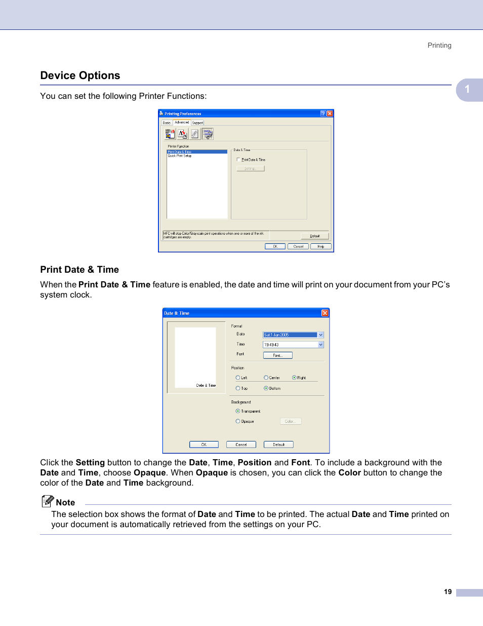 Device options, Print date & time, 1device options | You can set the following printer functions | Brother MFC-3360C User Manual | Page 25 / 155