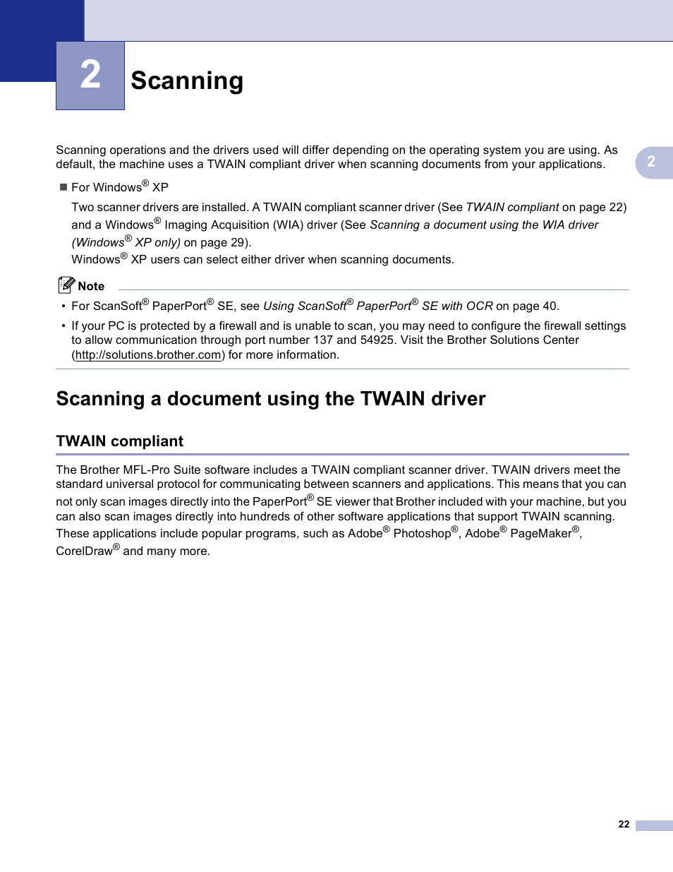 2 scanning, Scanning a document using the twain driver, Twain compliant | Scanning | Brother MFC-3360C User Manual | Page 28 / 155