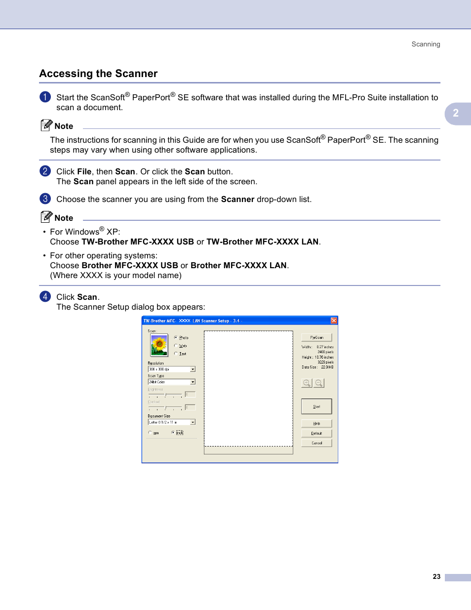 Accessing the scanner, 2accessing the scanner | Brother MFC-3360C User Manual | Page 29 / 155